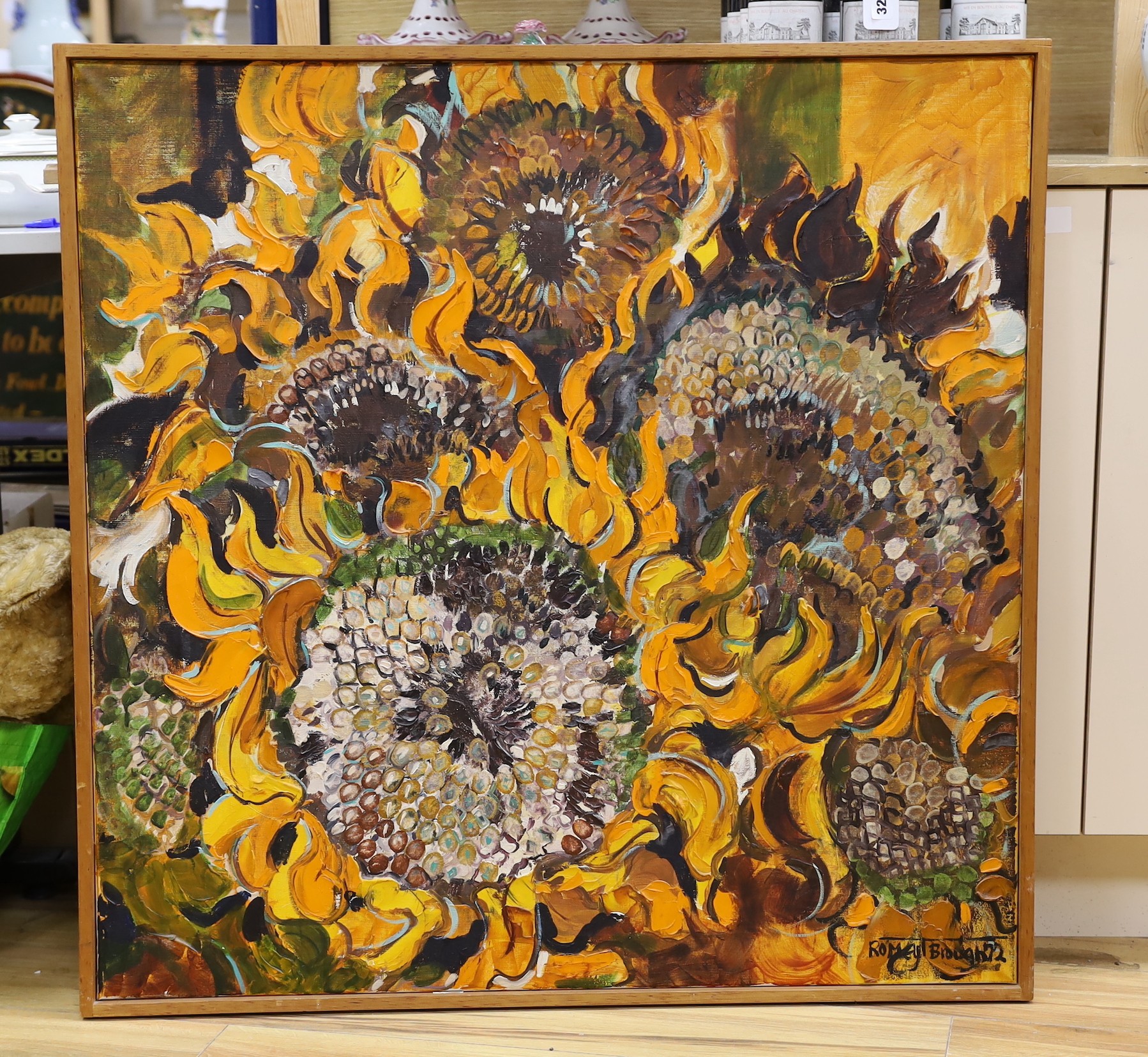 Romey T.Brough (b.1944), oil on canvas, Dried sunflowers, signed and dated '72, 91 x 91cm